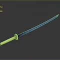 Traditional Katana Sword With Blue Blade And Golden Handle Shiny Surface
