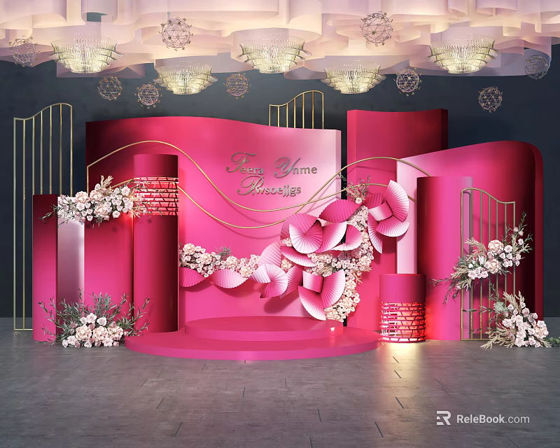 Pink Wedding Decor Stage With Gold Accents Floral Arrangements And Be My Sunshine Lettering 3d model 