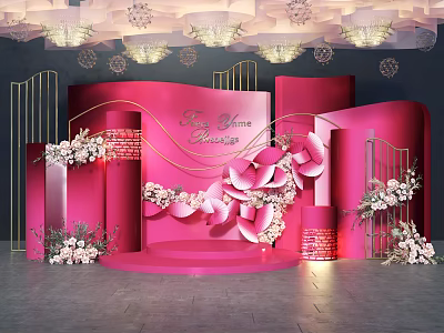 Pink Wedding Decor Stage With Gold Accents Floral Arrangements And Be My Sunshine Lettering 3d model