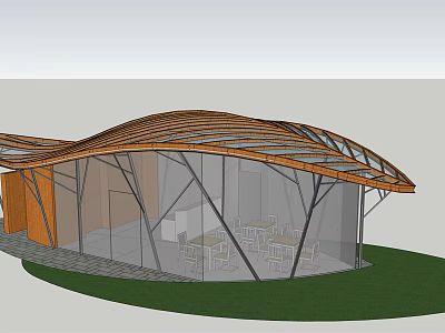 Modern Building With Curved Wooden Roof Glass Walls Interior Tables Chairs And Grass Surrounding 3d model