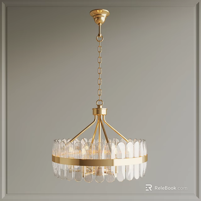 Elegant Chandelier with Gold Frame Clear Glass and Chain Hanging in Modern Interior 3d model 