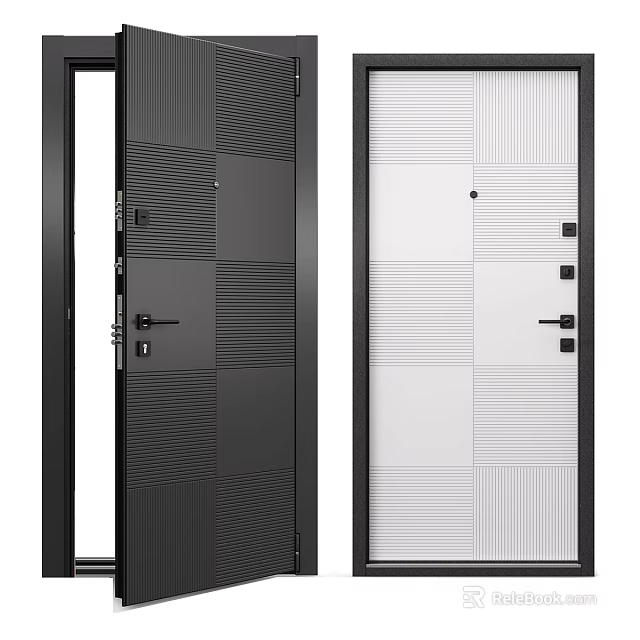 Modern Black And White Hinged Doors With Textured Panels And Lock Handles 3d model 