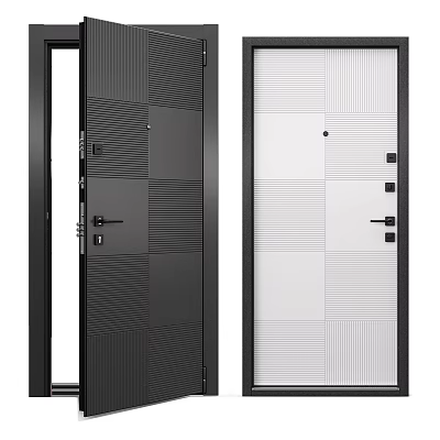 Modern Black And White Hinged Doors With Textured Panels And Lock Handles 3d model