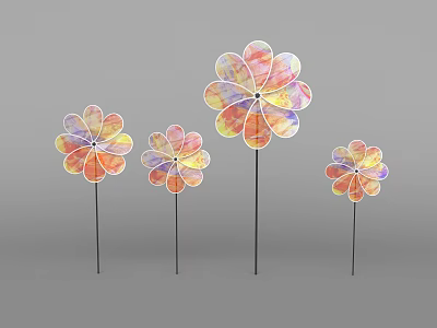Colorful Flower Shaped Windmills In Various Sizes On Gray Background 3d model