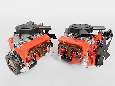 Two Red Mechanical Engines Featuring Black Covers And Metal Components On 3d model