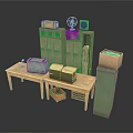 Vintage Retro Collection With Green Storage Cabinets Wooden Tables and Old Devices