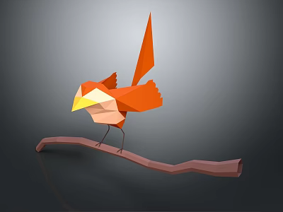Origami Bird Doll Standing On Branch With Orange Body And Yellow Beak 3d model