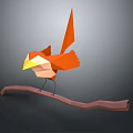 Origami Bird Doll Standing On Branch With Orange Body And Yellow Beak