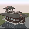 Two Story Traditional Chinese Architecture Waterfront Structure With Wooden Columns Roof And Scenic Water View