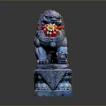 Traditional Chinese Stone Lion Sculpture With Red Ribbon And Decorative Base