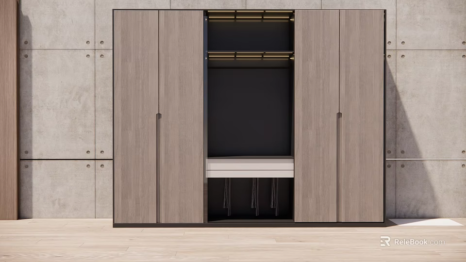 Modern Minimalist Wooden Wardrobe Design With Matte Gray Sliding Doors And Open Storage Compartments 3d model 