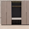 Modern Minimalist Wooden Wardrobe Design With Matte Gray Sliding Doors And Open Storage Compartments
