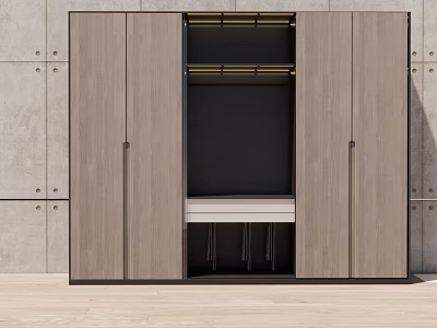 Modern Minimalist Wooden Wardrobe Design With Matte Gray Sliding Doors And Open Storage Compartments 3d model
