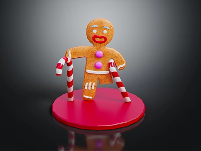 Festive Gingerbread Man With Purple Buttons And Candy Canes On Red Base 3d model