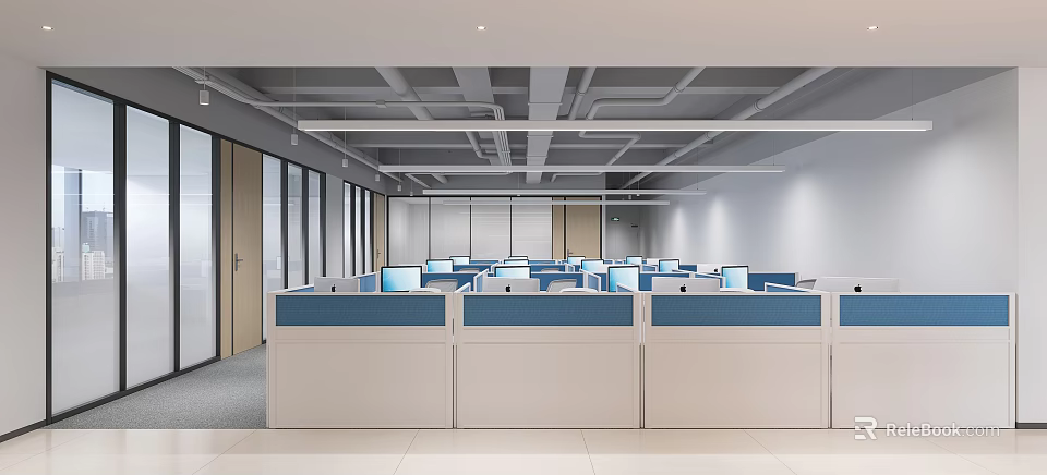 Modern Public Office Space With Work Cubicles Computers And Bright Lighting 3d model