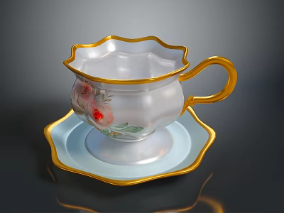 Elegant Teacup and Saucer Set with Gold Rim and Floral Design for Daily Living 3d model