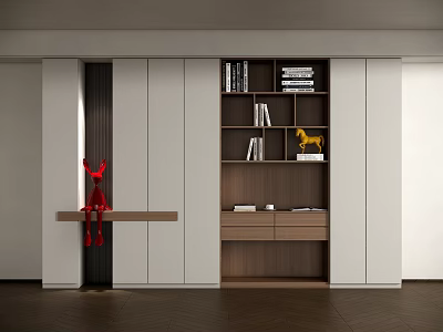 Modern Bookcase Interior Design With White And Wood Shelves For Storage And Decorations 3d model