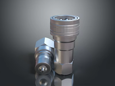 Shiny Metallic Industrial Connector Parts With Cylindrical And Hexagonal Design 3d model