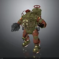Mechanical Diving Character in Retro Gold Red Gear with Round Helmet Windows and Tool