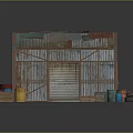 Rustic Metal Shed Structure With Rusted Roof Roll Up Doors And Wooden Crates