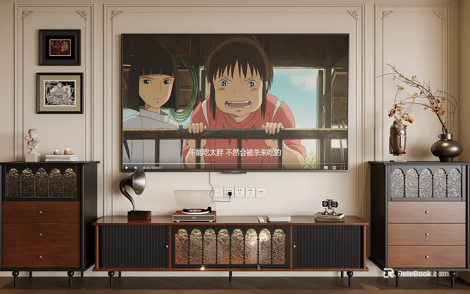 Classic Wooden TV Stand With Framed Artworks Vase With Branches And TV Displaying Animated Characters 3d model 