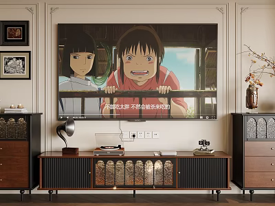 Classic Wooden TV Stand With Framed Artworks Vase With Branches And TV Displaying Animated Characters 3d model