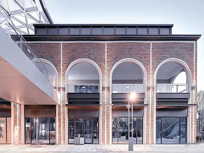 Modern Commercial Complex Featuring Red Brick Structure Arched Windows Black Roof And Plaza Area 3d model