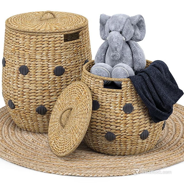Woven Storage Baskets With Black Polka Dot Decor And Lids Storing Plush Toys And Blankets 3d model 