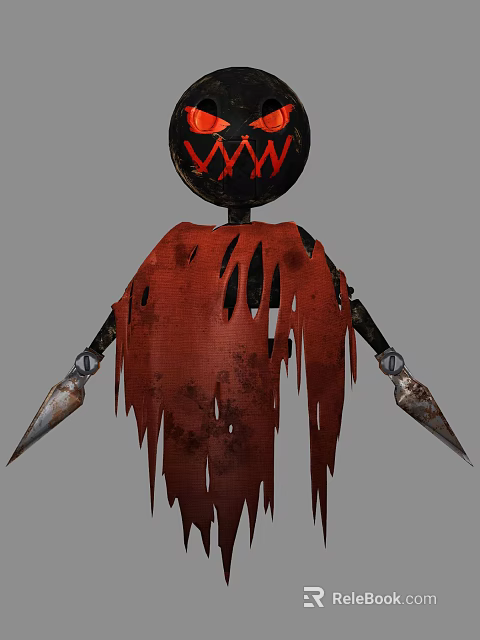 Dark Themed Doll With Black Head Red Jagged Patterns Red Tattered Cloak And Spiked Arms 3d model 