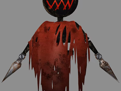 Dark Themed Doll With Black Head Red Jagged Patterns Red Tattered Cloak And Spiked Arms 3d model