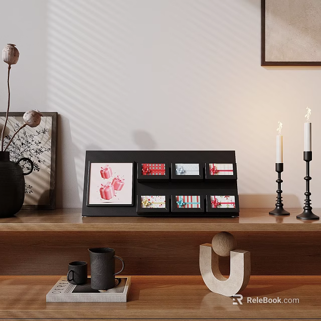 Decorative Ornament Set with Wooden Shelf Colorful Cards Black Candle Holders Vase and Ceramic Mugs 3d model 