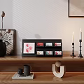 Decorative Ornament Set with Wooden Shelf Colorful Cards Black Candle Holders Vase and Ceramic Mugs