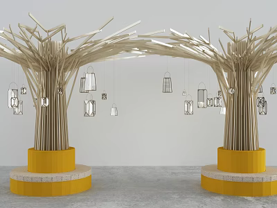 Wooden Columns With Branch Like Design And Hanging White Lanterns On Yellow Circular Bases 3d model