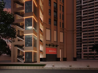 Modern Elevator Corridor In Contemporary Building With Glass Walls And Exterior Lighting 3d model