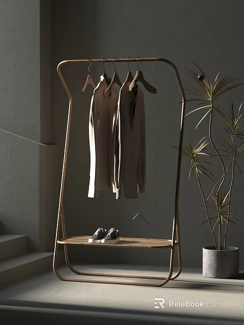 Modern Clothes Rack With Hanging Dresses And Shoes On Shelf Near Potted Plant 3d model 