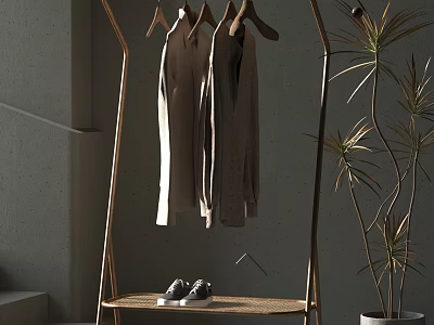 Modern Clothes Rack With Hanging Dresses And Shoes On Shelf Near Potted Plant 3d model