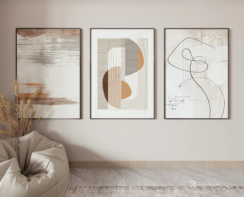 Minimalist Modern Living Room With Three Abstract Wall Paintings Beige Sofa And Dried Plants 3d model 