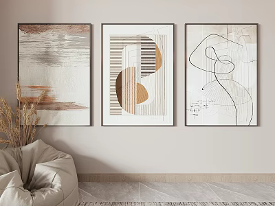 Minimalist Modern Living Room With Three Abstract Wall Paintings Beige Sofa And Dried Plants 3d model