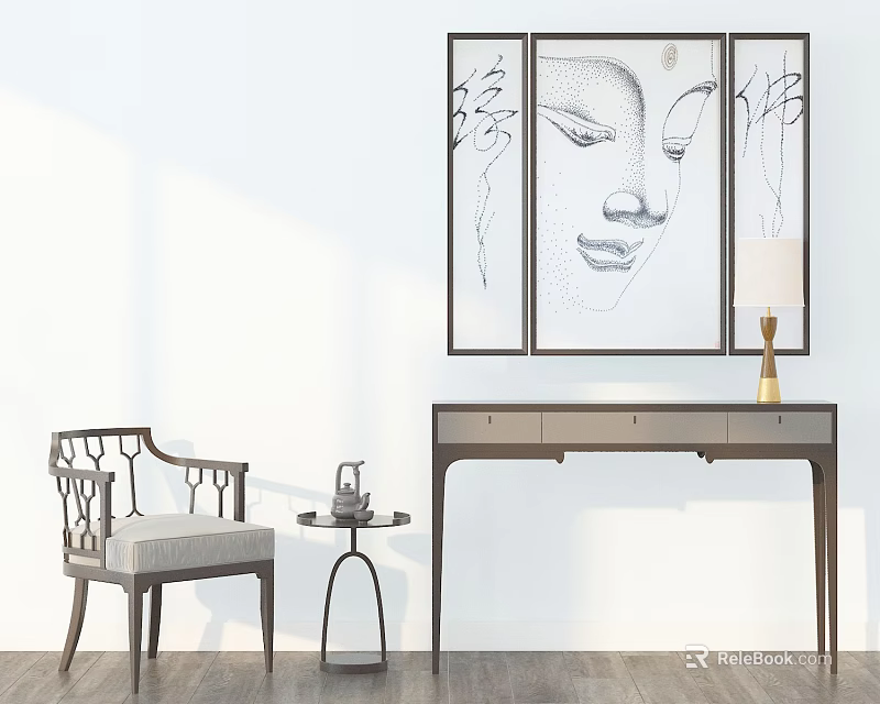 Minimalist Console Table with Decorative Paintings Chair Side Table and Lamp 3d model