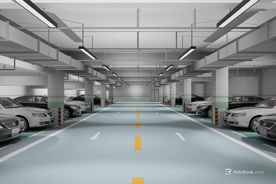 Parking Garage Interior With Parked Cars Yellow Center Line And Overhead Lighting 3d model 