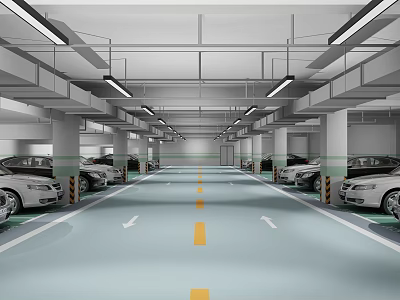 Parking Garage Interior With Parked Cars Yellow Center Line And Overhead Lighting 3d model
