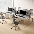 Modern Office Desk Workstation with Dual Computer Monitors Ergonomic Chairs and Wooden Floor Setup