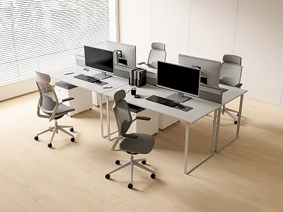 Modern Office Desk Workstation with Dual Computer Monitors Ergonomic Chairs and Wooden Floor Setup 3d model