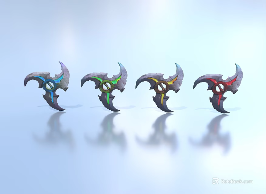 Shiny Multi Colored Bladed Weapons Design With Blue Green Black Red Tones And Reflective Surfaces 3d model 