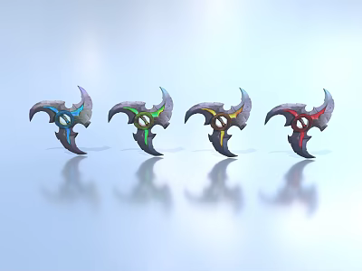 Shiny Multi Colored Bladed Weapons Design With Blue Green Black Red Tones And Reflective Surfaces 3d model