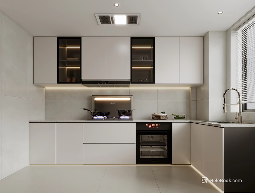 Modern Kitchen Interior With White Cabinets Black Oven Countertop And Lighting 3d model