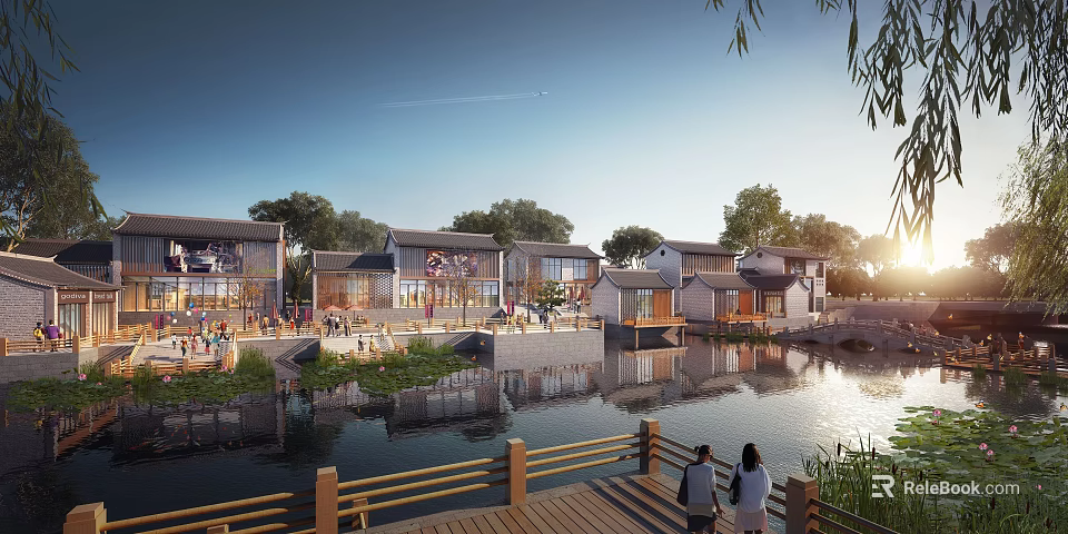 Traditional Architecture Commercial Street Along Waterfront With Pedestrians Greenery And Sunset View 3d model 