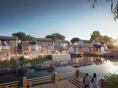 Traditional Architecture Commercial Street Along Waterfront With Pedestrians Greenery And Sunset View 3d model