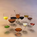 Multi tiered Display Stand With Assorted Wine Glasses And Different Colored Liquids