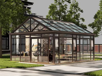 Modern Glass Pergola With Wooden Frame And Transparent Roof In Garden Setting 3d model